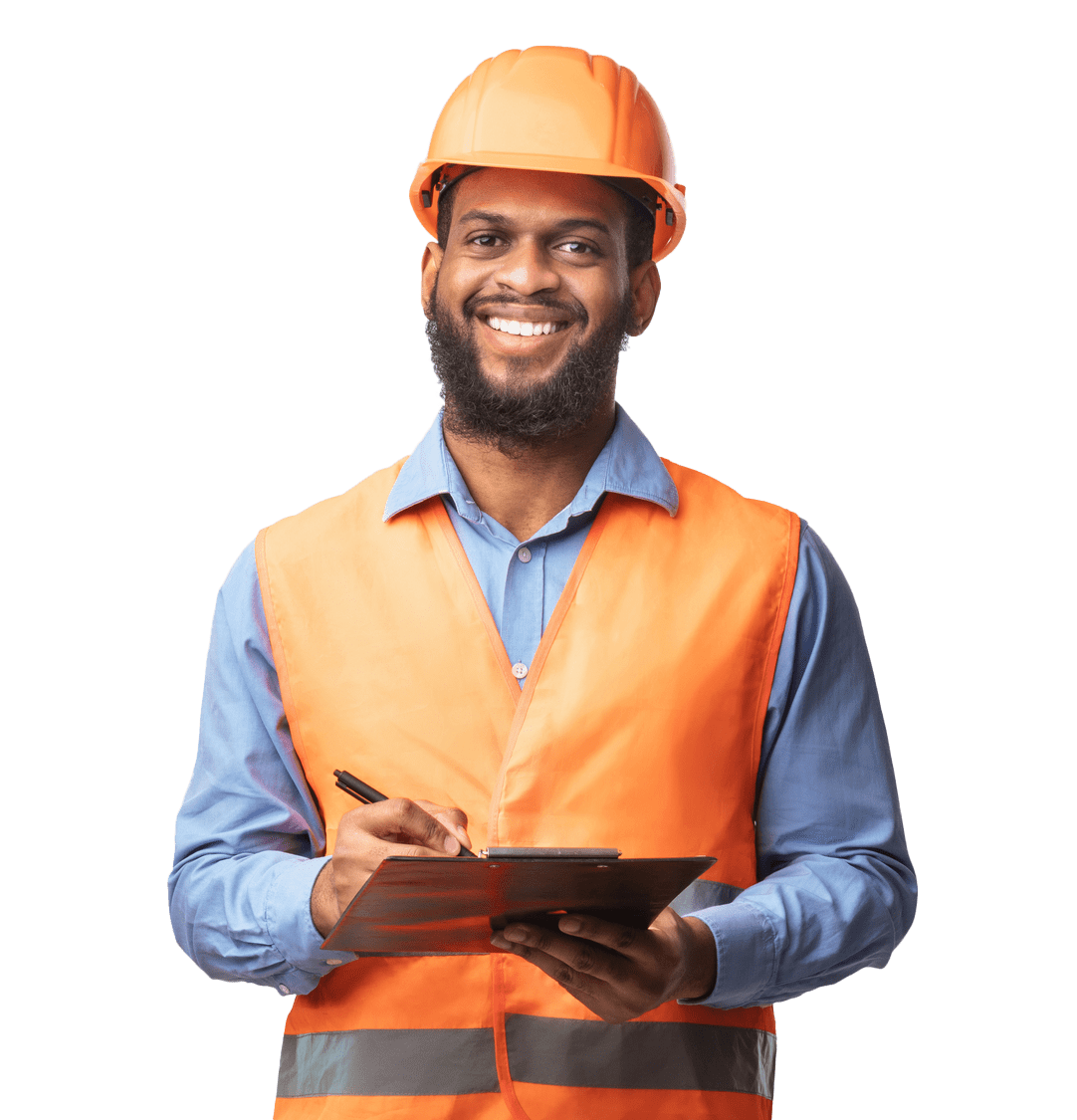 Construction worker in an orange safety vest and helmet smiling while taking notes on a clipboard. Represents safety and professionalism in the industry.